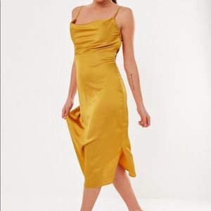 Missguided Mustard Cowl Neck Satin Midi Dress